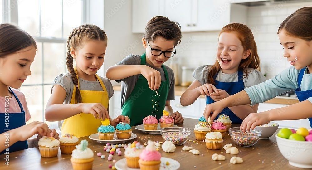 Kinder dekorieren gemeinsam Cupcakes an einem Tisch in einer hellen Küche, lächeln und verwenden Zuckerguss und Streusel.