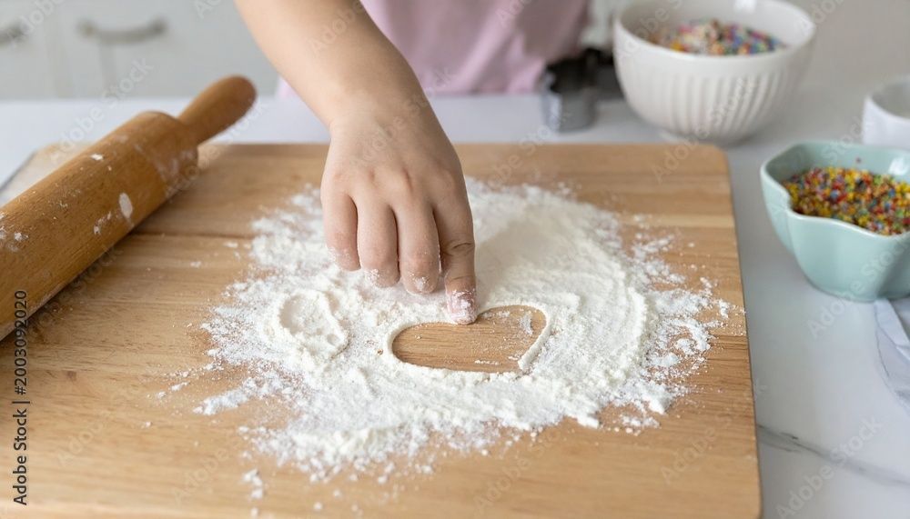 Mehl von Hand auf ein Holzbrett neben einem Nudelholz und kleinen Schüsseln mit Streuseln streuen.