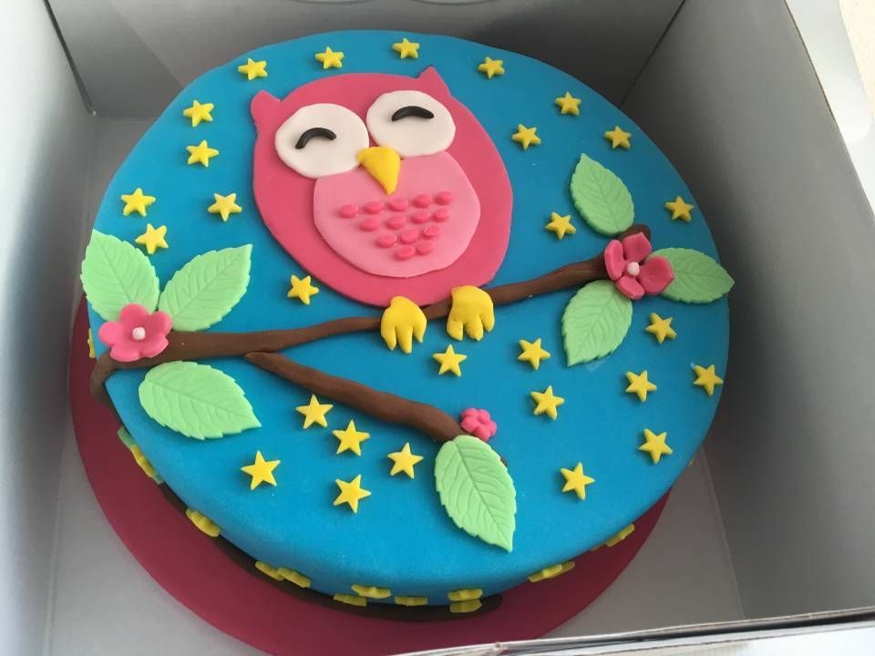 Rosa Eulenkuchen mit gelben Sternen und grünen Blättern auf blauem Hintergrund
