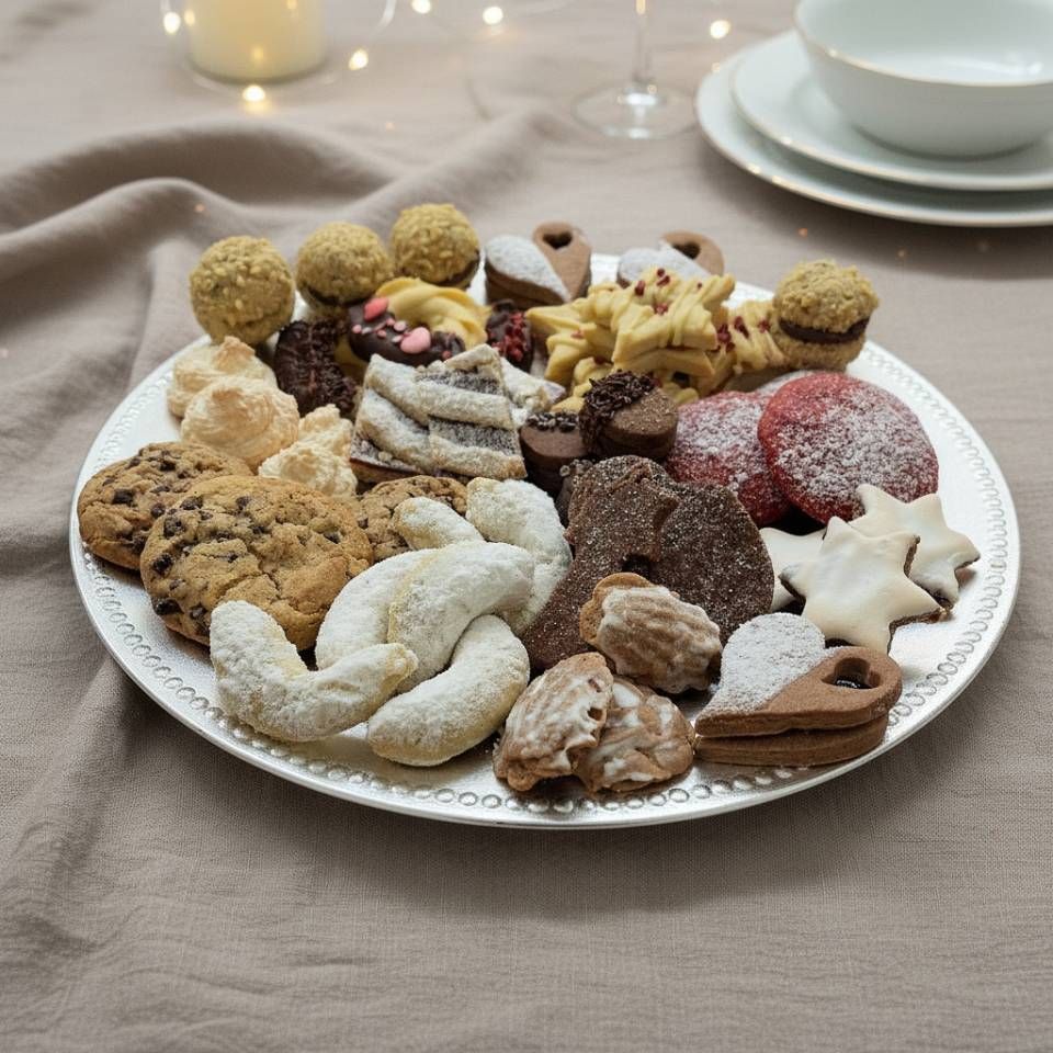 Verschiedene Kekse und weihnachtliche Leckereien auf einer weissen Platte auf einer beigen Tischdecke, im Hintergrund Tassen.