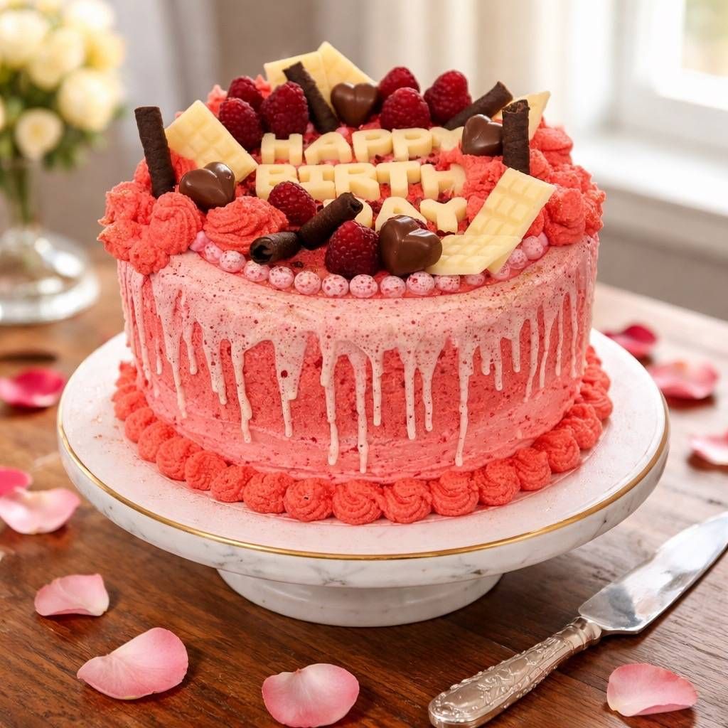 Rosa Zuckerguss-Drip-Cake mit Beeren, Schokolade und Waffelstückchen auf einem weissen Tortenständer