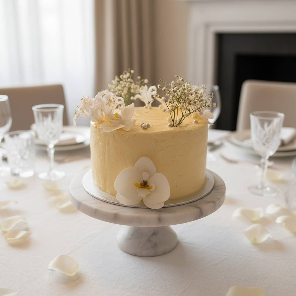 Hochzeitstorte aus Buttercreme mit weissen Blumenverzierungen auf einem Marmorständer bei Tischdekoration