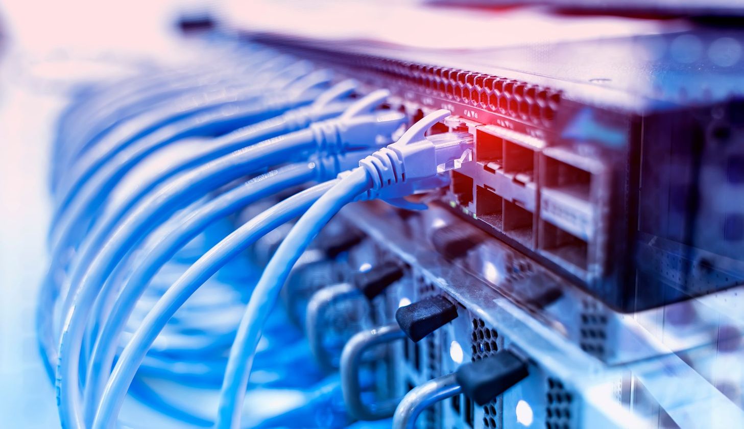 In einem Rechenzentrum sind zahlreiche Kabel mit einem Server verbunden.