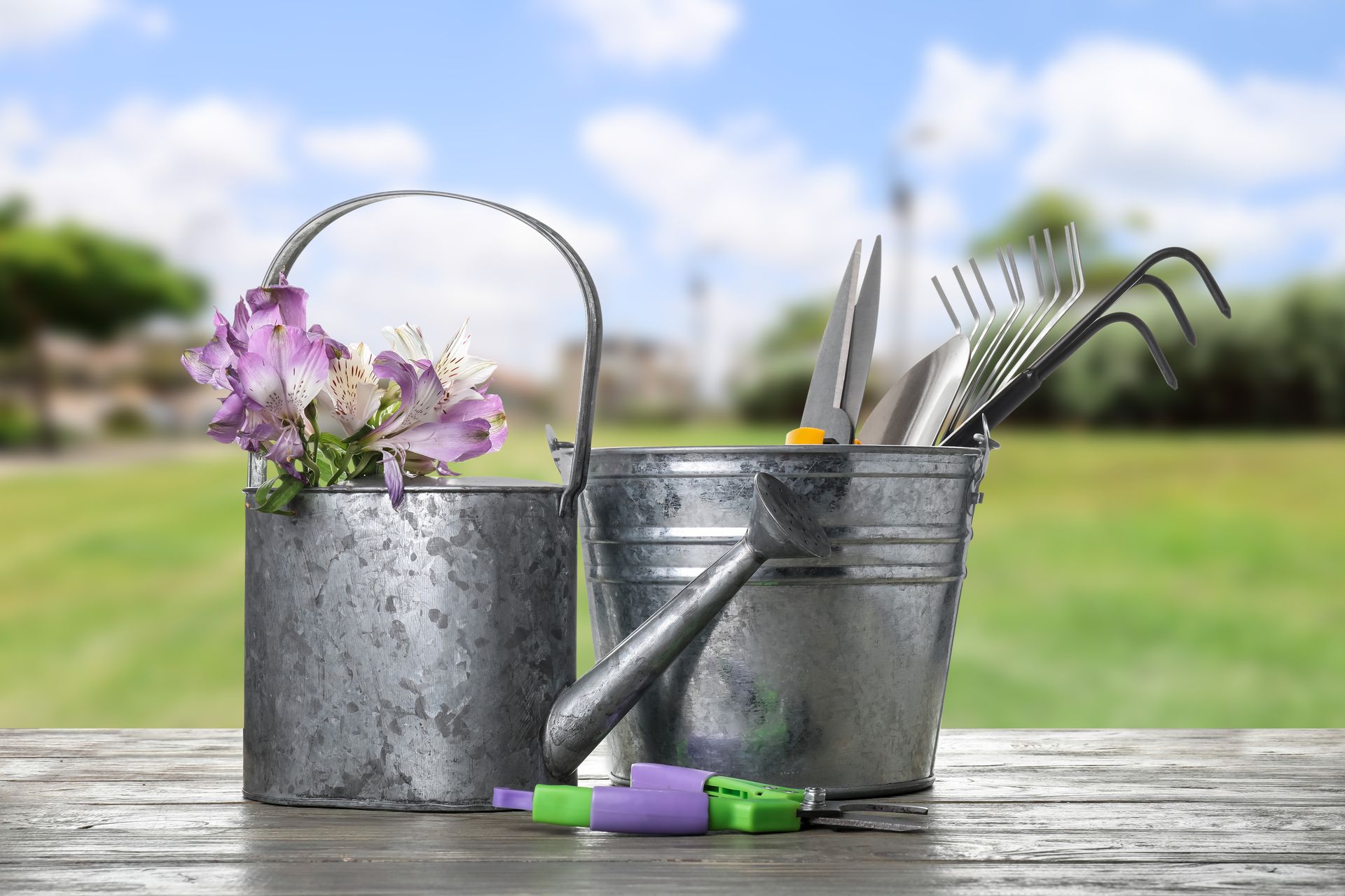 Zwei Metalleimer gefüllt mit Gartengeräten und Blumen auf einem Holztisch.