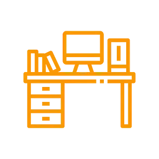 Un icono naranja de un escritorio con una computadora y libros encima.