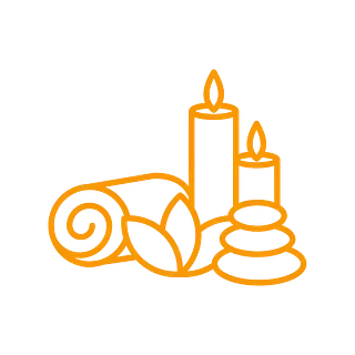Un dibujo lineal de una toalla, velas y rocas.
