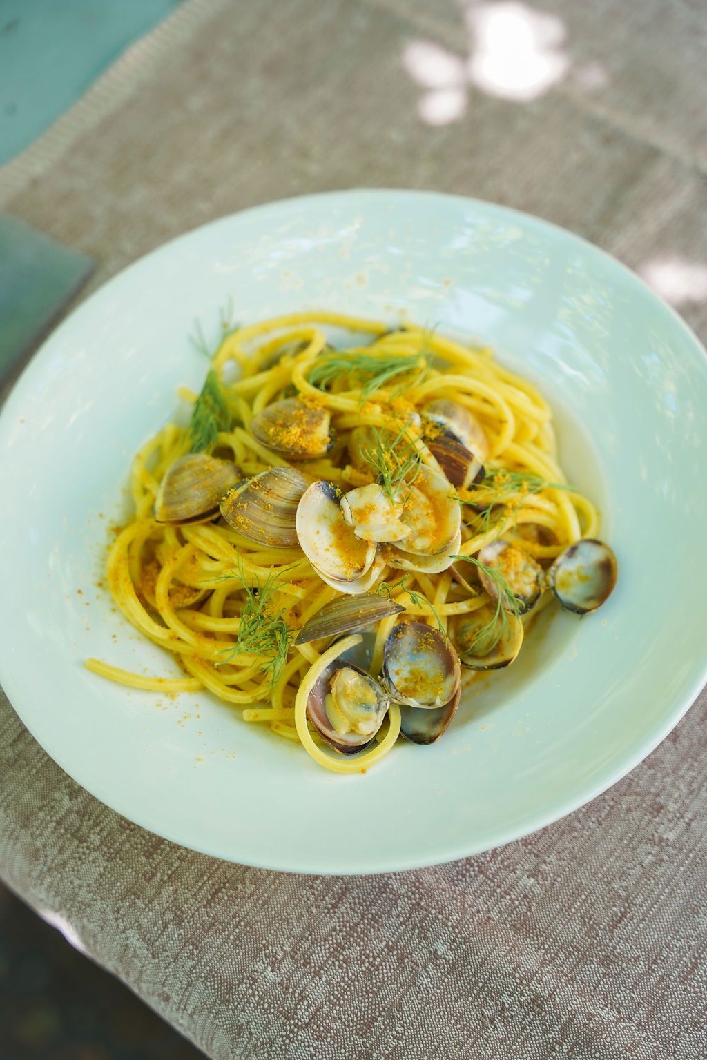 Piatto di pasta con vongole in salsa leggera su un piatto bianco