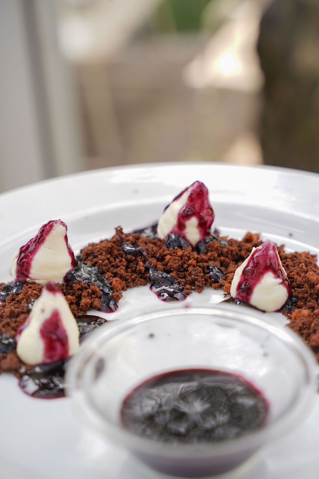 Piatto da dessert con briciole di cioccolato, salsa ai frutti di bosco e ciuffi di panna bianca disposti intorno a una piccola ciotola per la salsa.