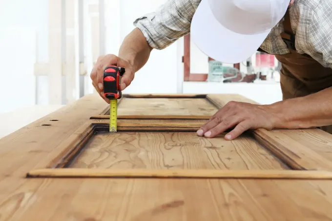 La persona mide el marco de una puerta de madera con una cinta métrica.
