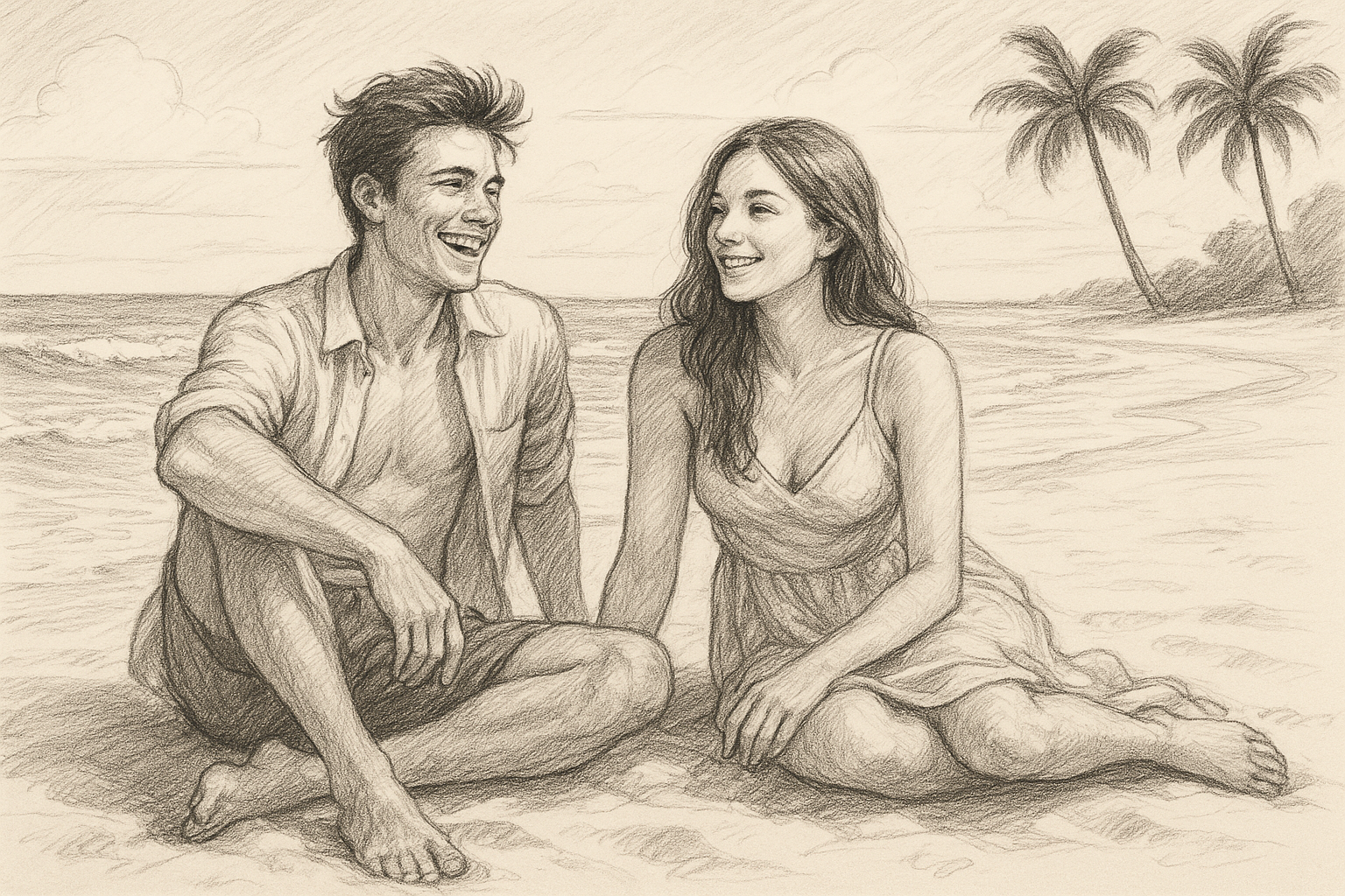 A man and a woman are sitting on the beach looking at each other.