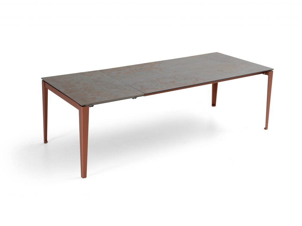 Table Dylan à allonge papillon Plateau et allonges DEKTON Marmorio+MDF + Supplément couleur métallique Pieds EF38 Cuivre Pure Designs Au Logis Ameublements