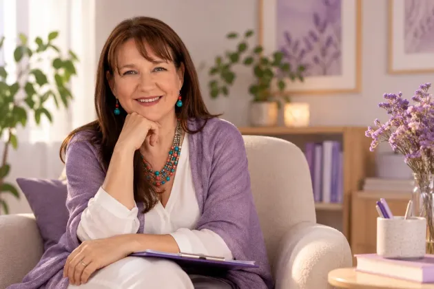 Mujer sonriendo con un suéter color lavanda, sentada en un sillón con un cuaderno en una habitación acogedora
