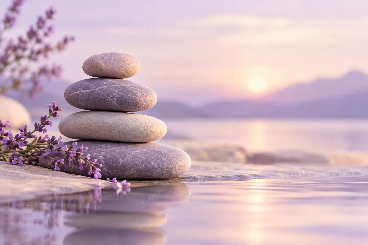Piedras apiladas junto a un lago tranquilo al atardecer, con flores moradas en primer plano y montañas a lo lejos