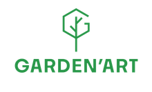 Logo Green Garden'Art avec une icône d'arbre géométrique au-dessus du nom de la marque en vert.