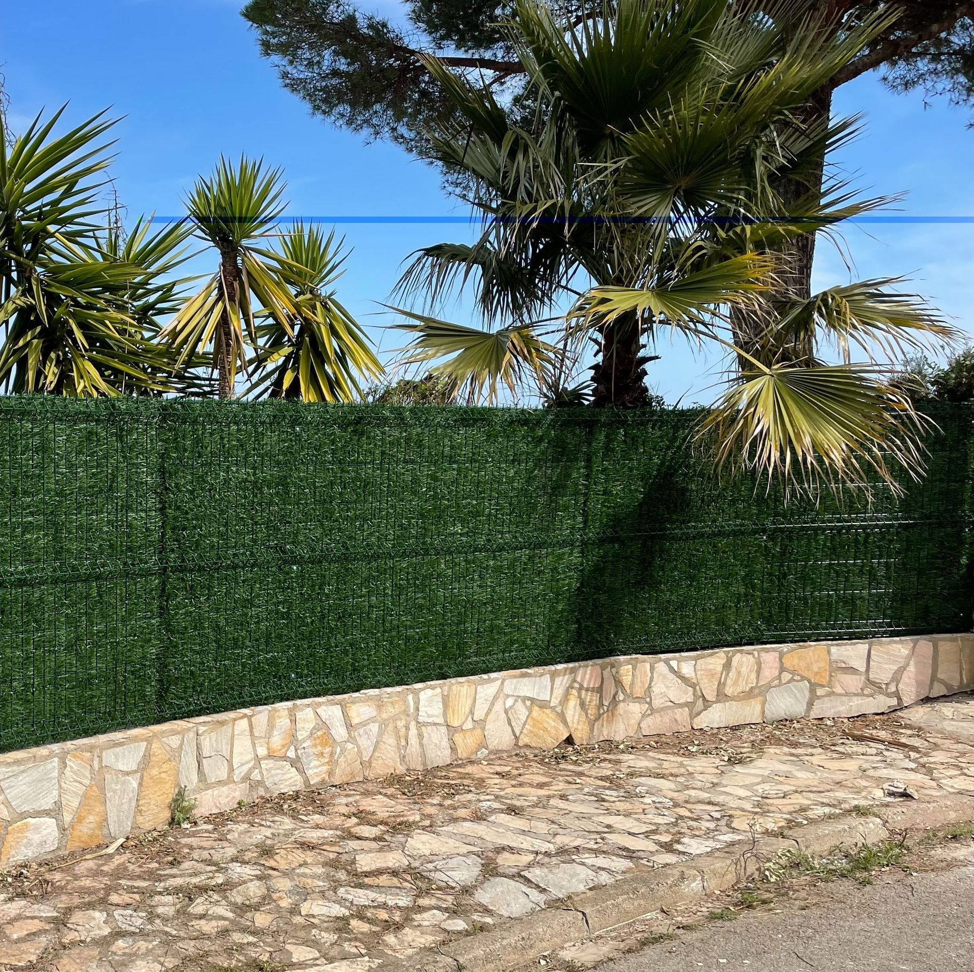 Un muro de piedra con una valla verde y palmeras al fondo.
