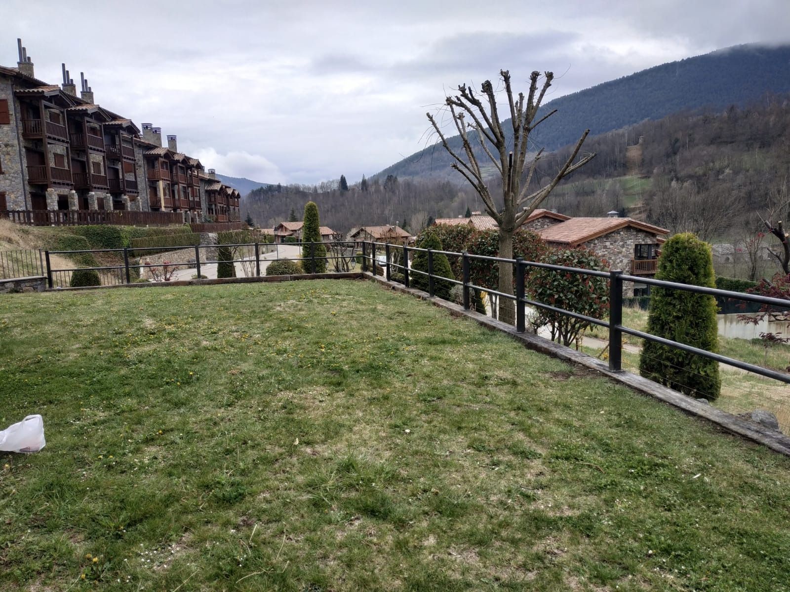 Una valla rodea un exuberante campo verde con montañas al fondo.
