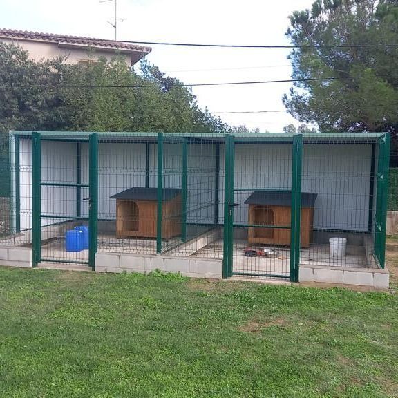 Un área cercada con dos casetas para perros.