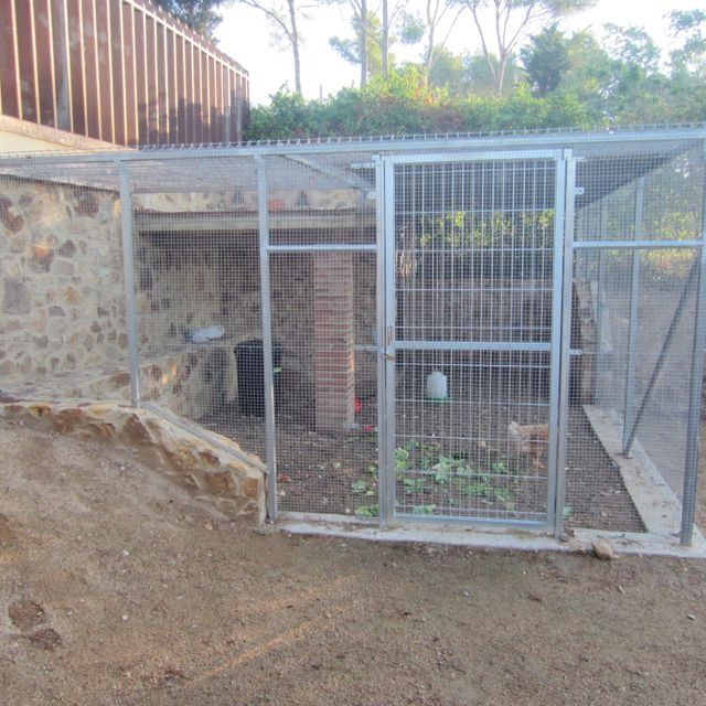 Un área cercada con una pared de ladrillos al fondo.