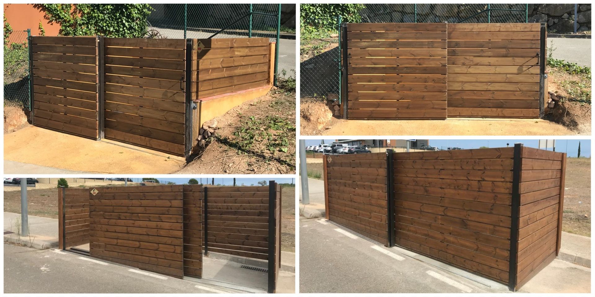 Un collage de cuatro imágenes de una valla de madera.