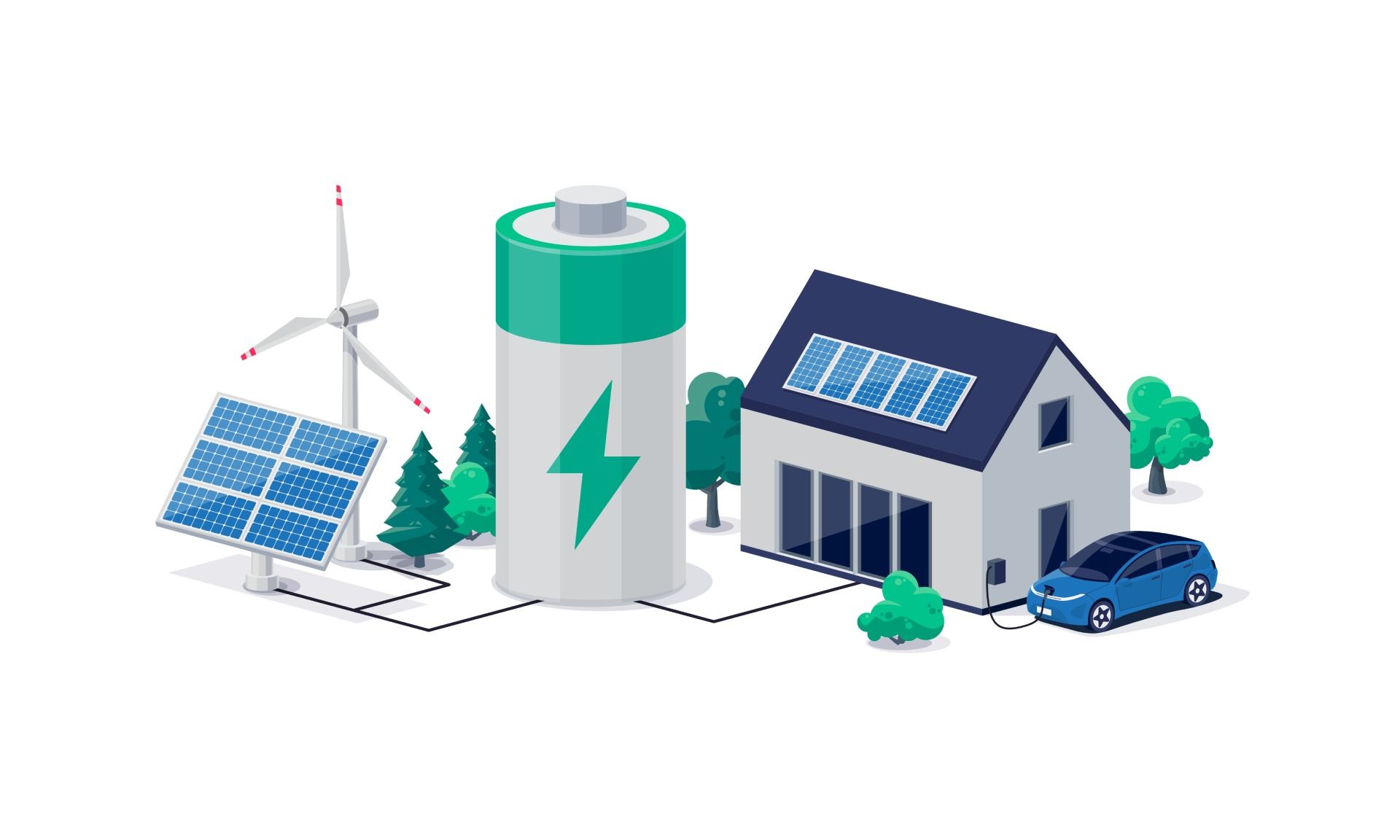 Cartoonhaftes Bild von Haus und Batterie mit erneuerbaren Energiemethoden