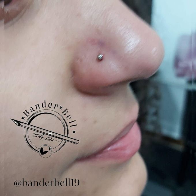 Primer plano de perfil de una nariz con un pequeño piercing plateado y una marca de agua de Bander Bell