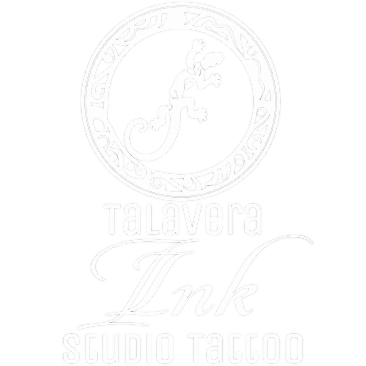 Logotipo blanco tenue de Talavera Ink Studio Tattoo, con emblema circular y texto caligráfico sobre fondo blanco