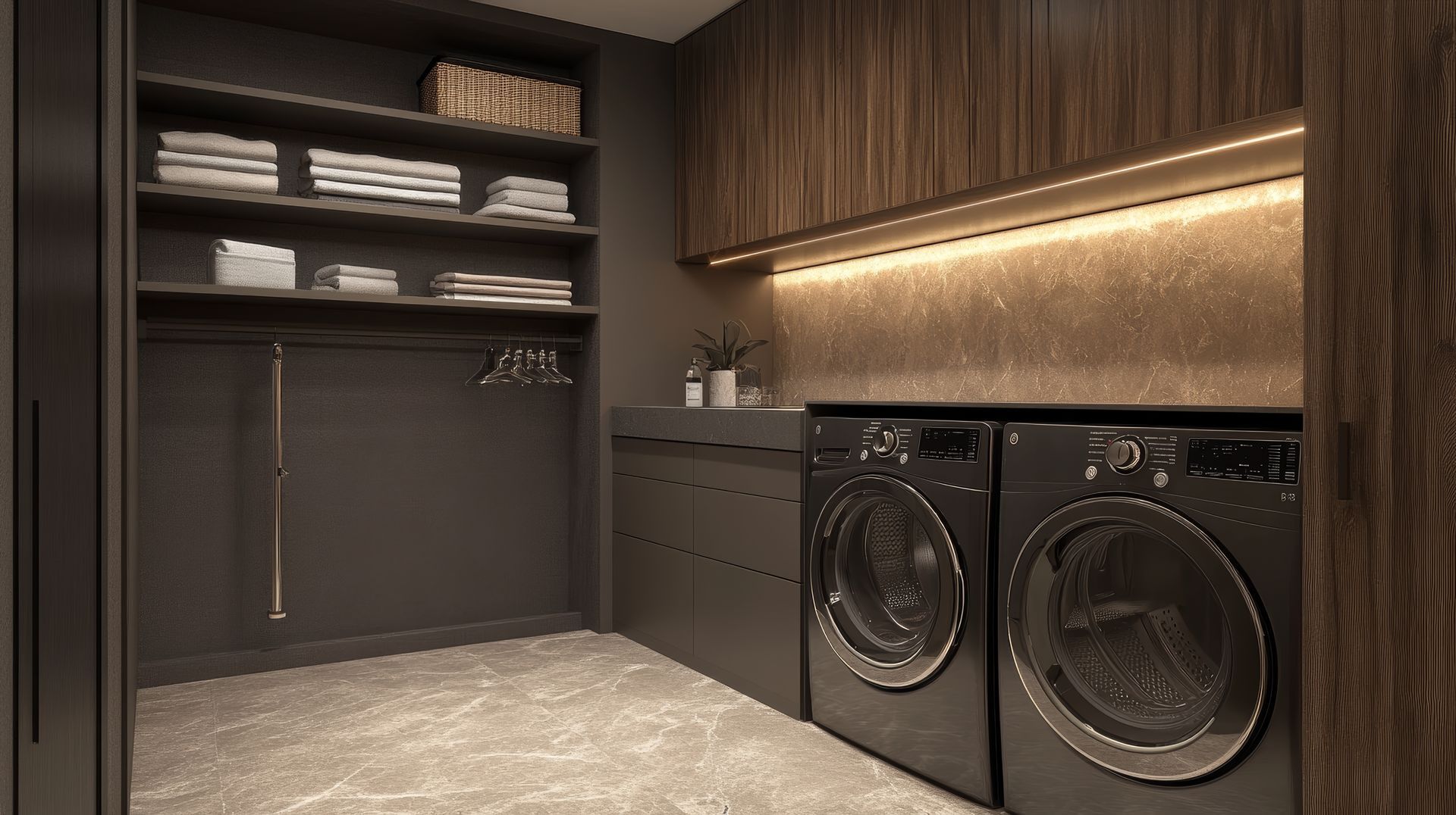Buanderie moderne avec placards et étagères en bois foncé, lave-linge et sèche-linge à chargement frontal