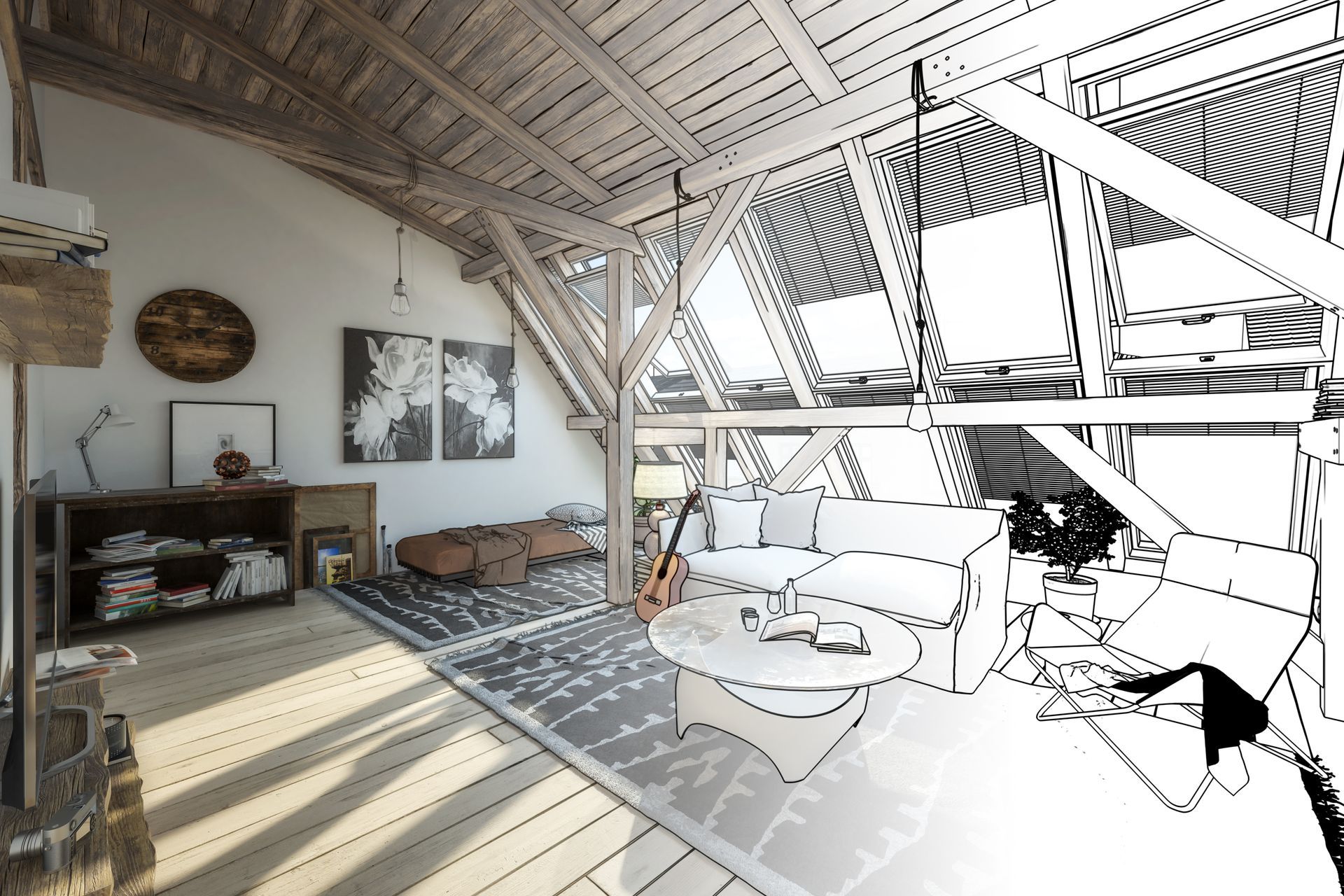 Salon lumineux de type loft avec puits de lumière, tapis à motifs, canapé, étagères et fauteuils baignés de soleil près de grandes fenêtres