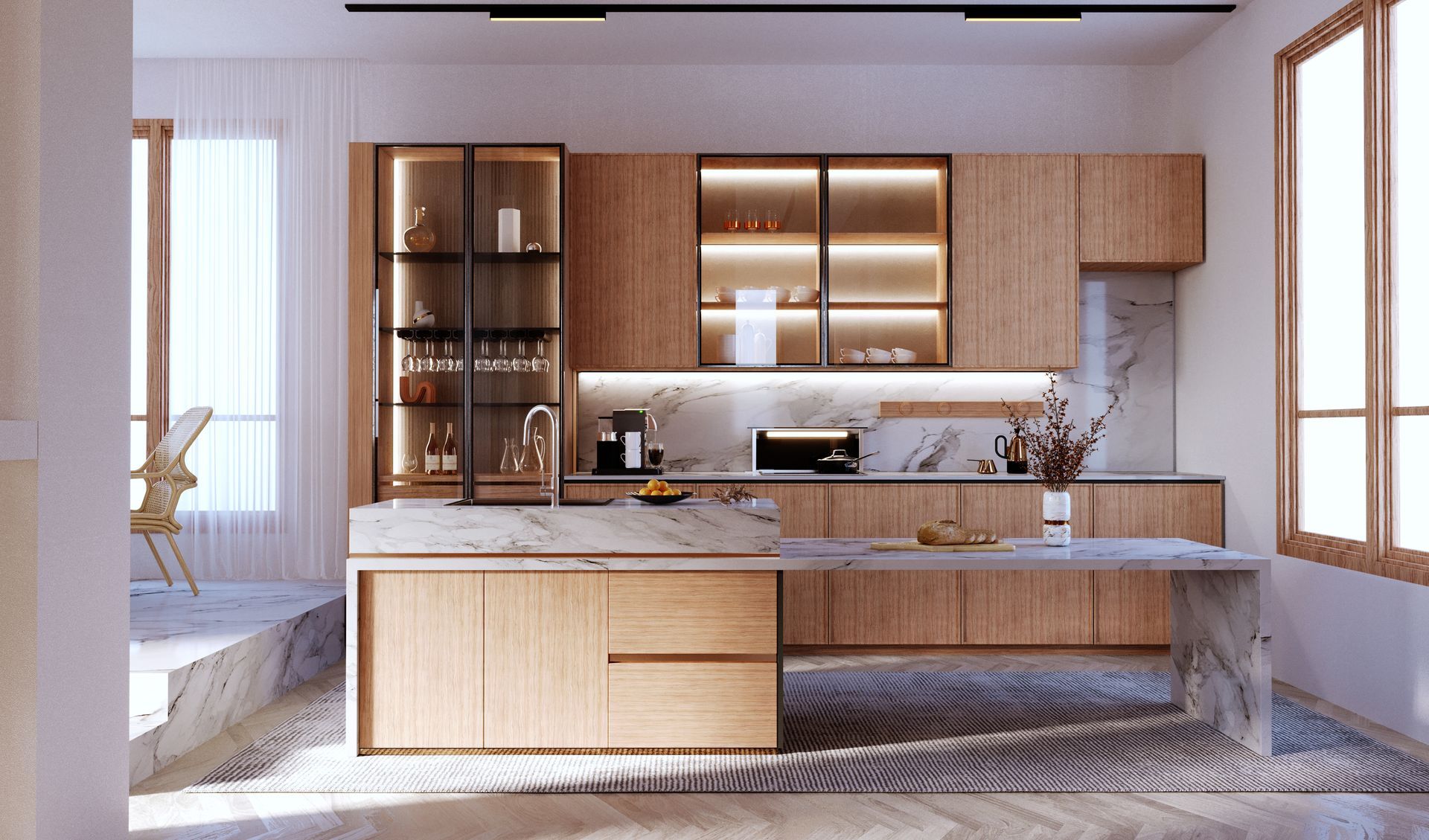 Cuisine moderne et minimaliste avec des armoires en bois clair, des étagères ouvertes et un îlot central dans une pièce lumineuse