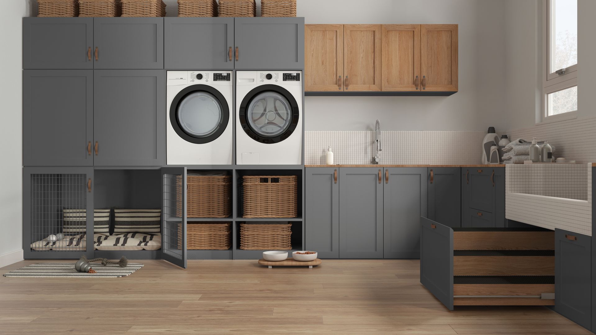Buanderie moderne avec placards gris, lave-linge et sèche-linge superposés, éléments en bois et paniers sur étagères ouvertes