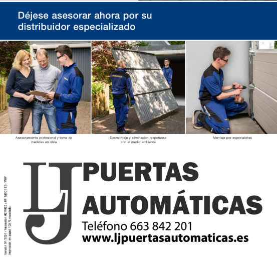 Anuncio de LP Puertas Automáticas con fotos de instalación y logo, teléfono y web de contacto.