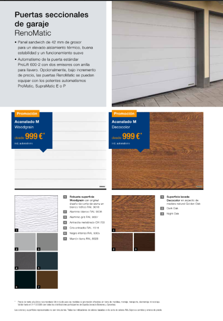 Catálogo de puertas seccionales de garaje con fotos, colores y precios promocionales.