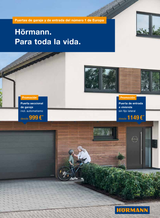 Anuncio de puerta de garaje Hörmann en una casa moderna, con pancartas de precios y una familia junto a una bicicleta.