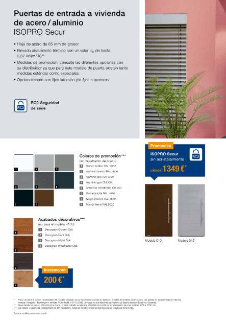 Folleto informativo sobre puertas de seguridad de aluminio con precios, muestras de color y una foto de una puerta de listones junto a una palmera.