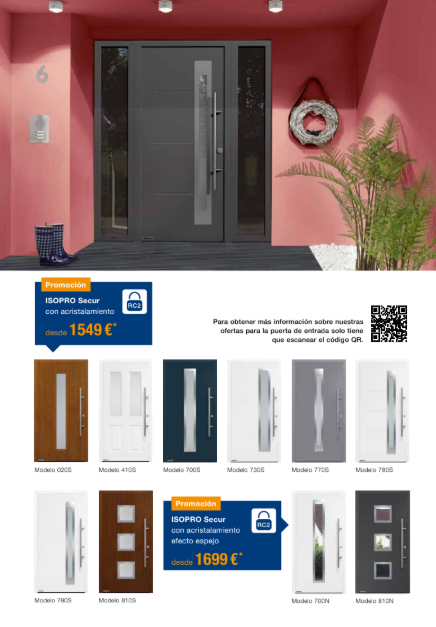 Entrada con puerta principal oscura bajo un porche rosa, además de una disposición de puertas variadas al estilo de un catálogo en la parte inferior.