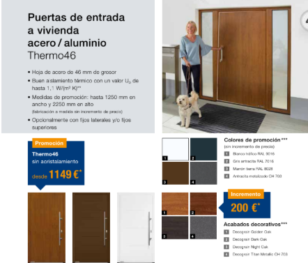 Catálogo de puertas de entrada Thermo46 con una puerta moderna marrón y opciones de acabado y color