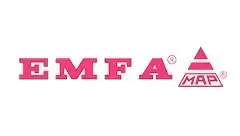 Un logotipo rosa para el mapa emfa sobre un fondo blanco.
