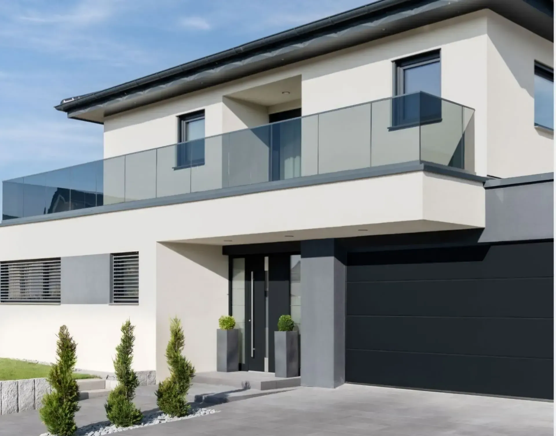 Una casa blanca con balcón y puerta de garaje negra