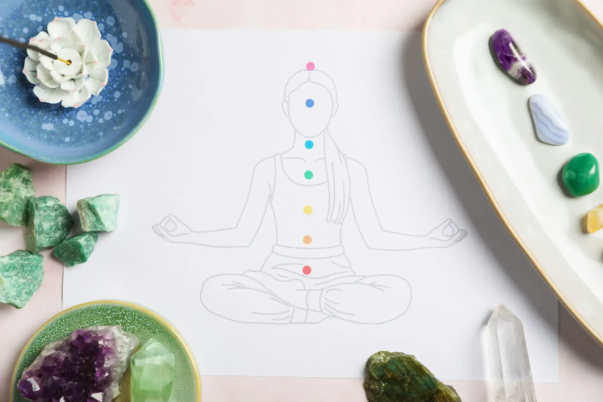 Un dibujo lineal para meditación que representa los siete chakras, rodeado de cristales curativos y una flor blanca.