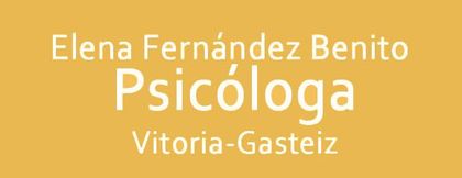 Un fondo amarillo con texto blanco que dice Elena Fernández Benito Psicóloga Vitoria-Gasteiz.