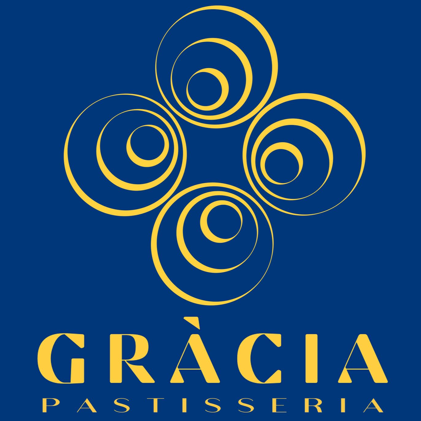 Logotipo floral dorado con “GRÀCIA PASTISSERIA” sobre fondo azul