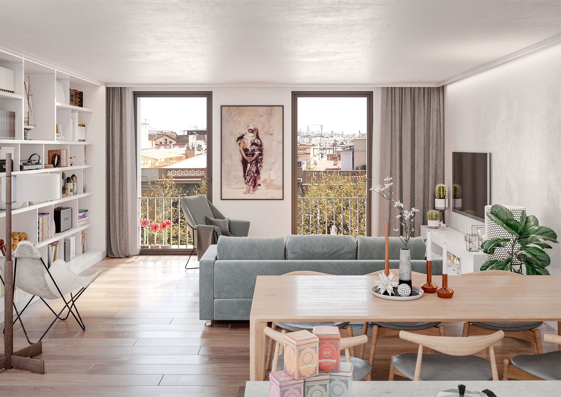 Una sala de estar con un sofá, una mesa, sillas y un televisor.