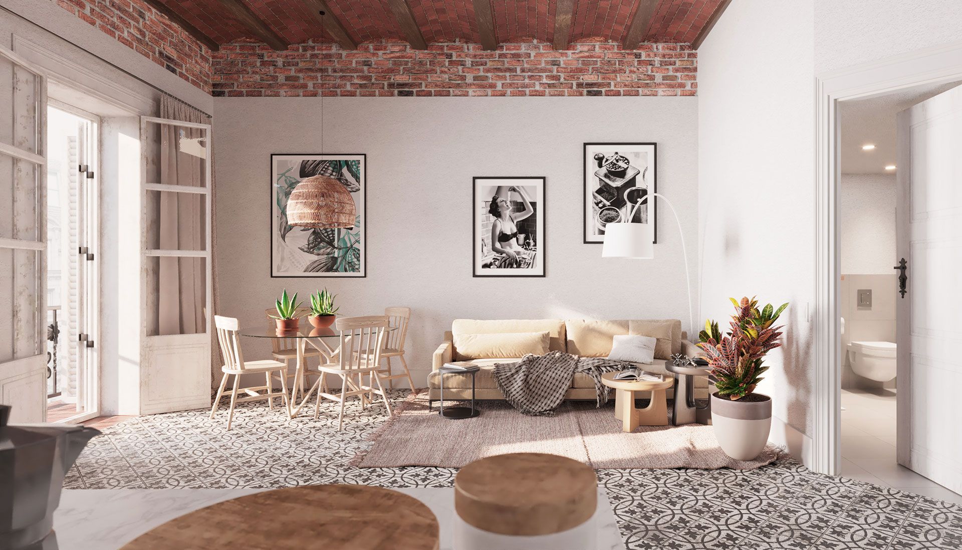 Una sala de estar con un sofá, una mesa, sillas y un techo de ladrillo.