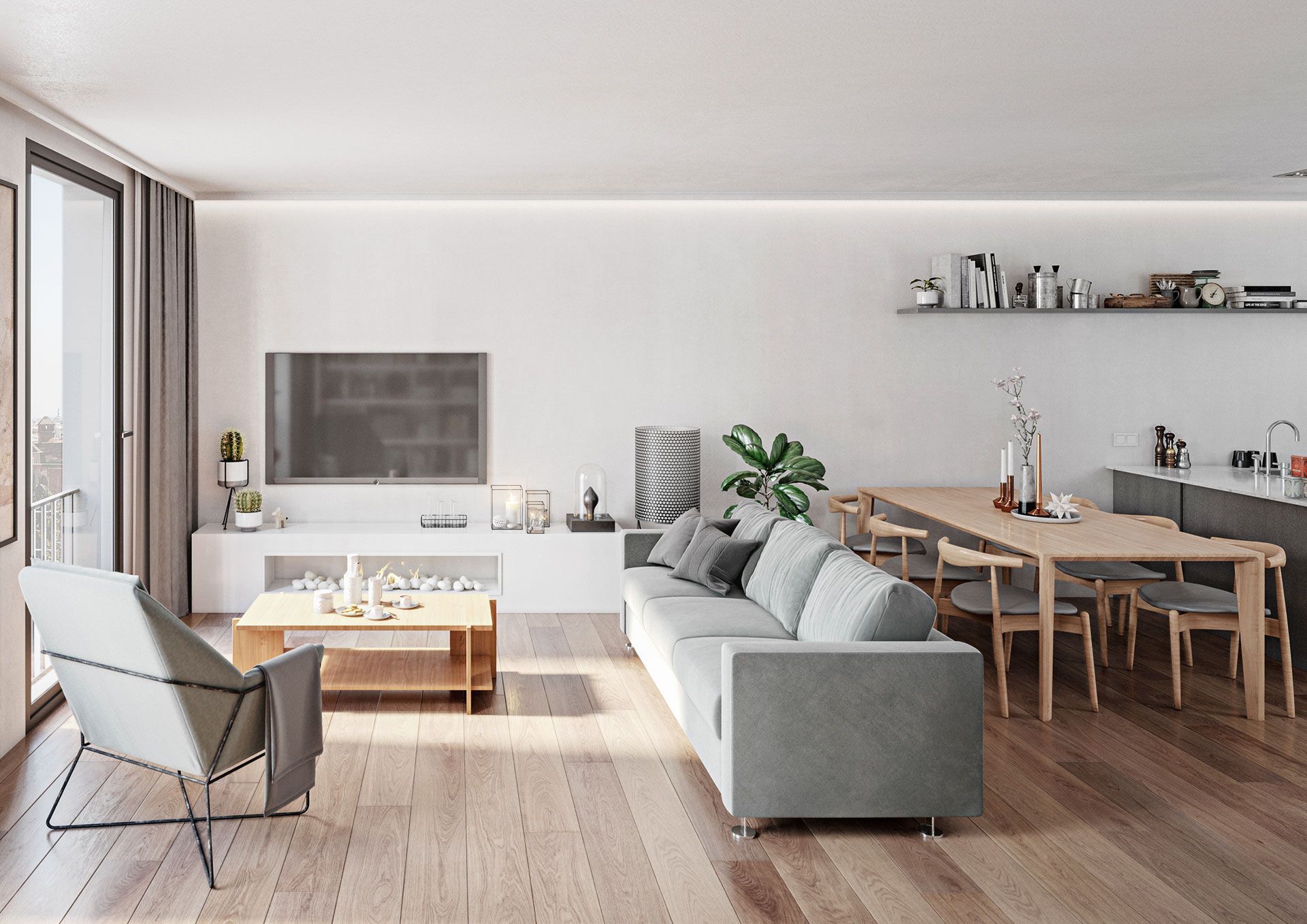 Una sala de estar con sofá, silla, mesa y televisión.