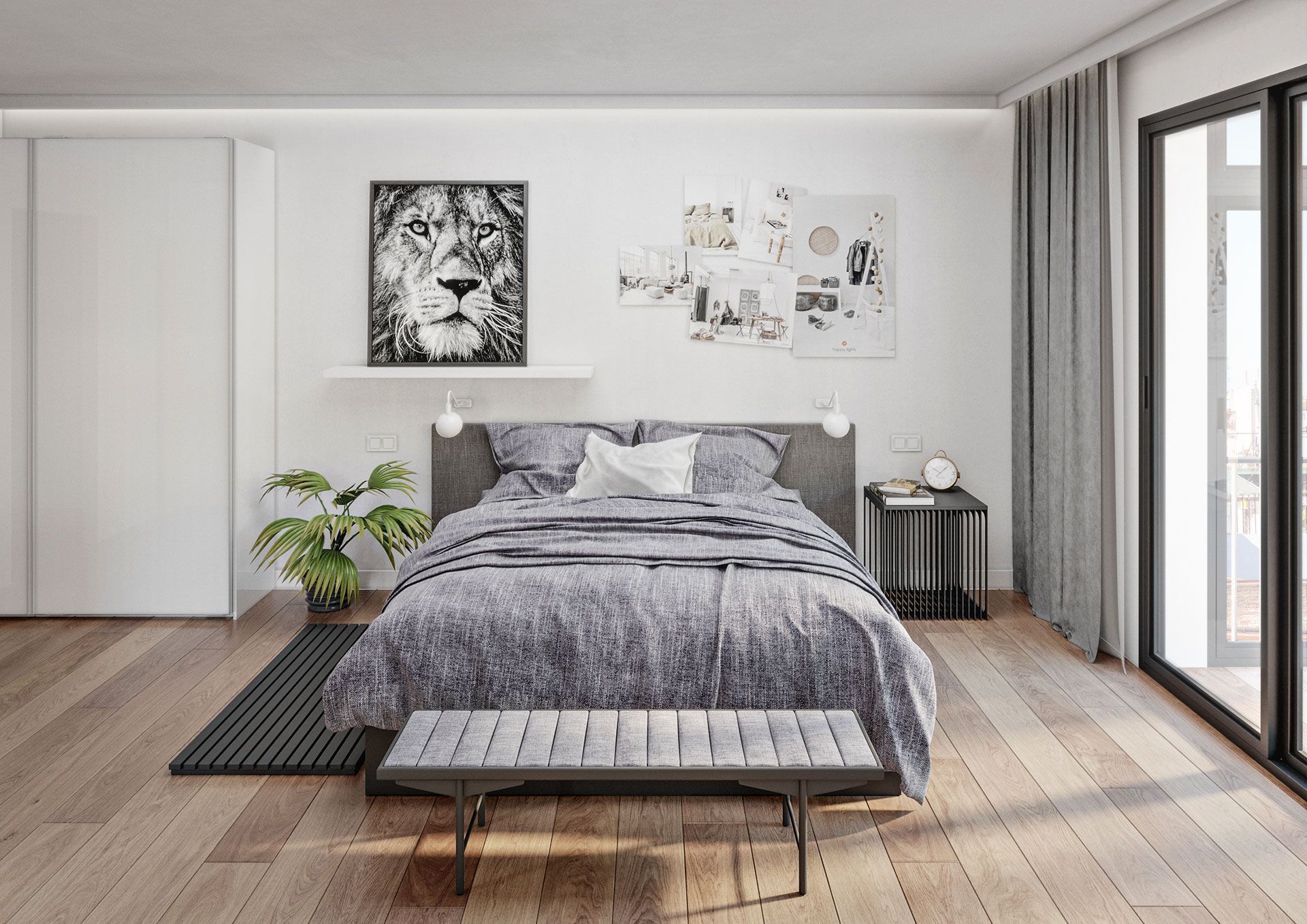 Hay una imagen de un león en la pared sobre la cama en el dormitorio.