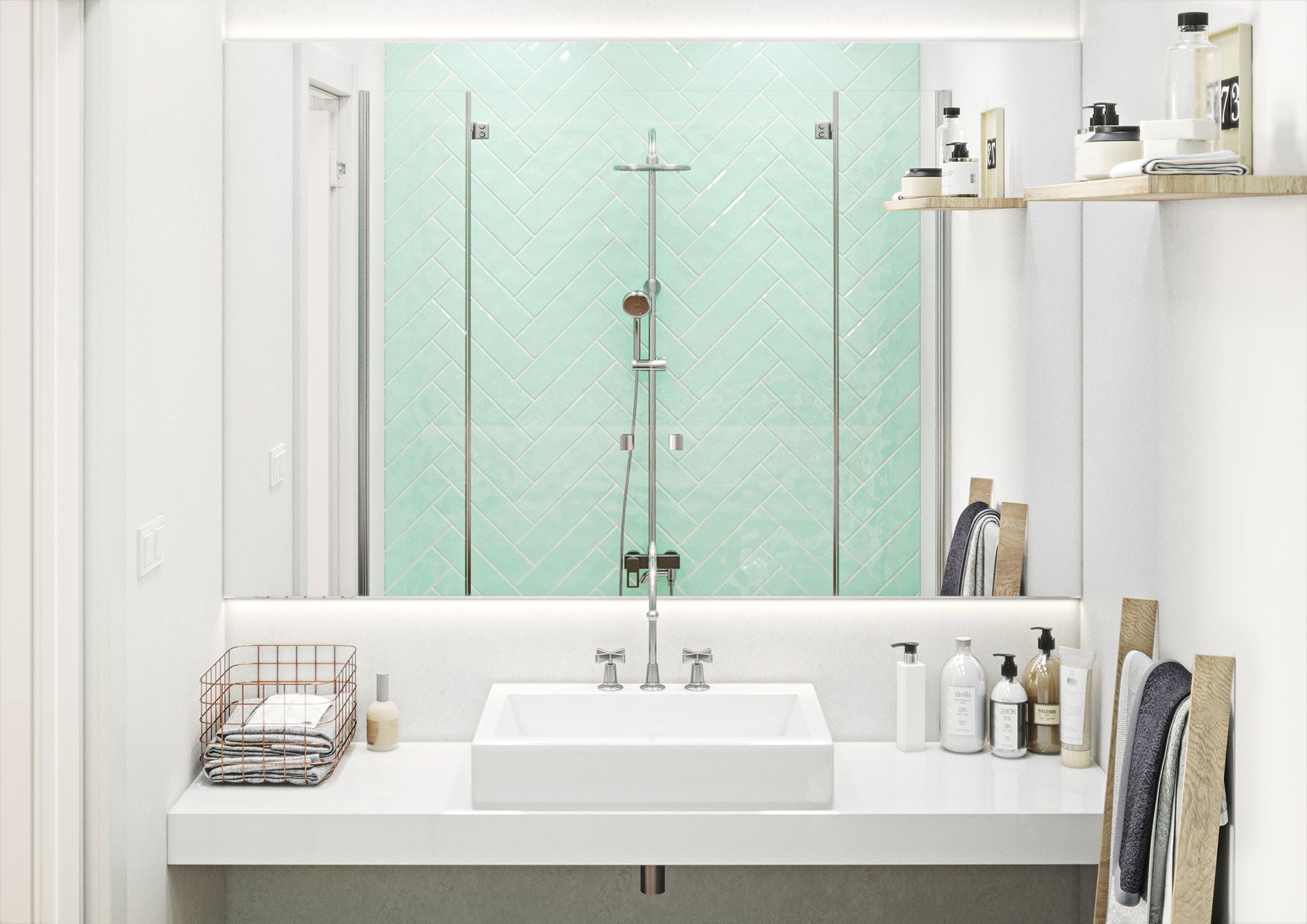 Un baño con lavabo, espejo y cabina de ducha.