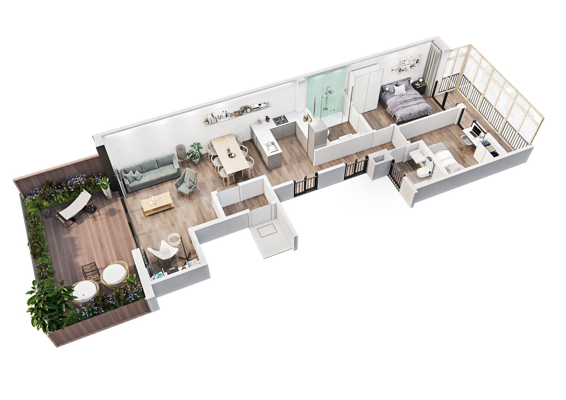 Un plano en 3D de una casa con balcón.