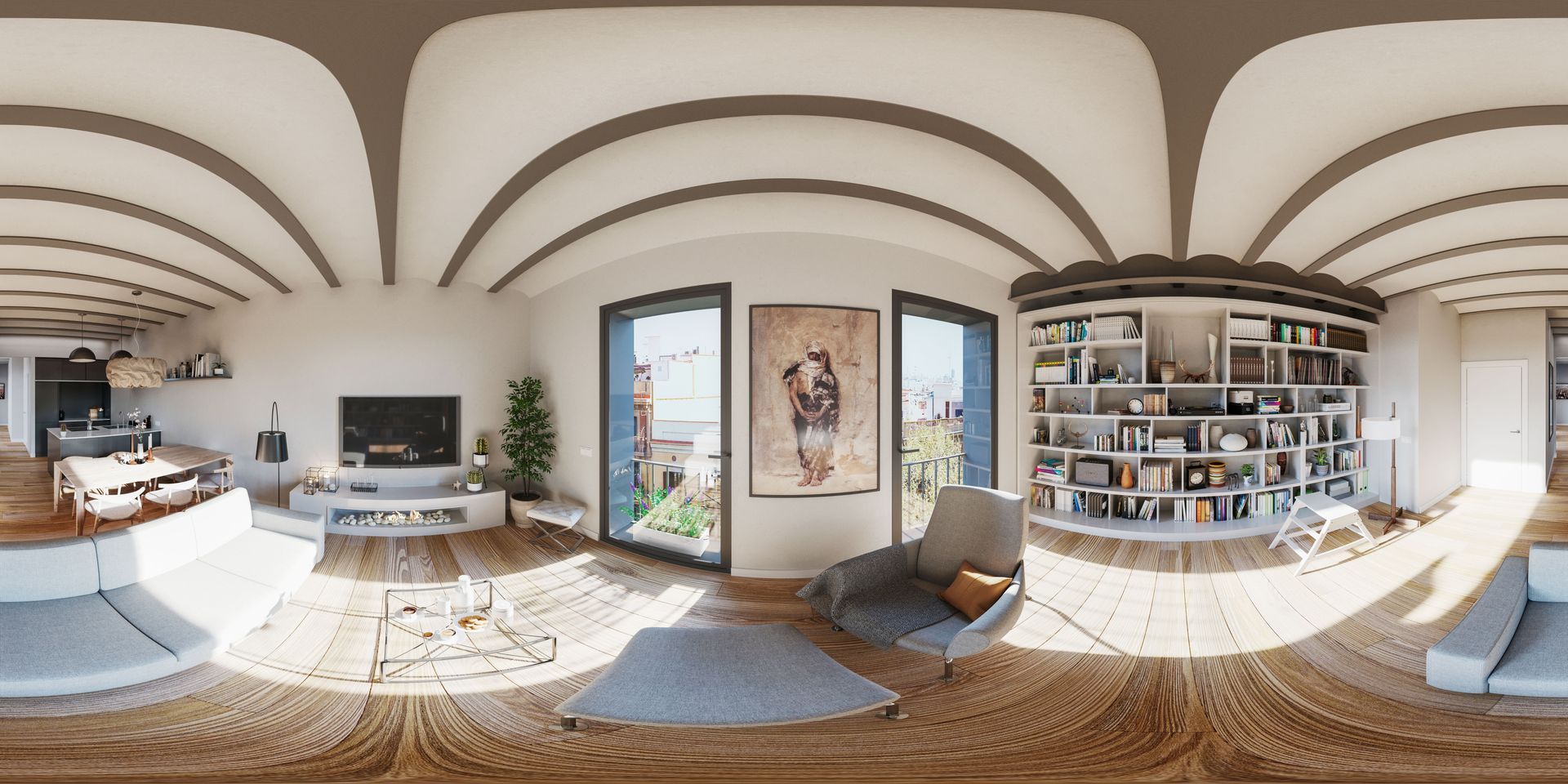 Una vista de 360 ​​grados de una sala de estar con chimenea y una estantería.