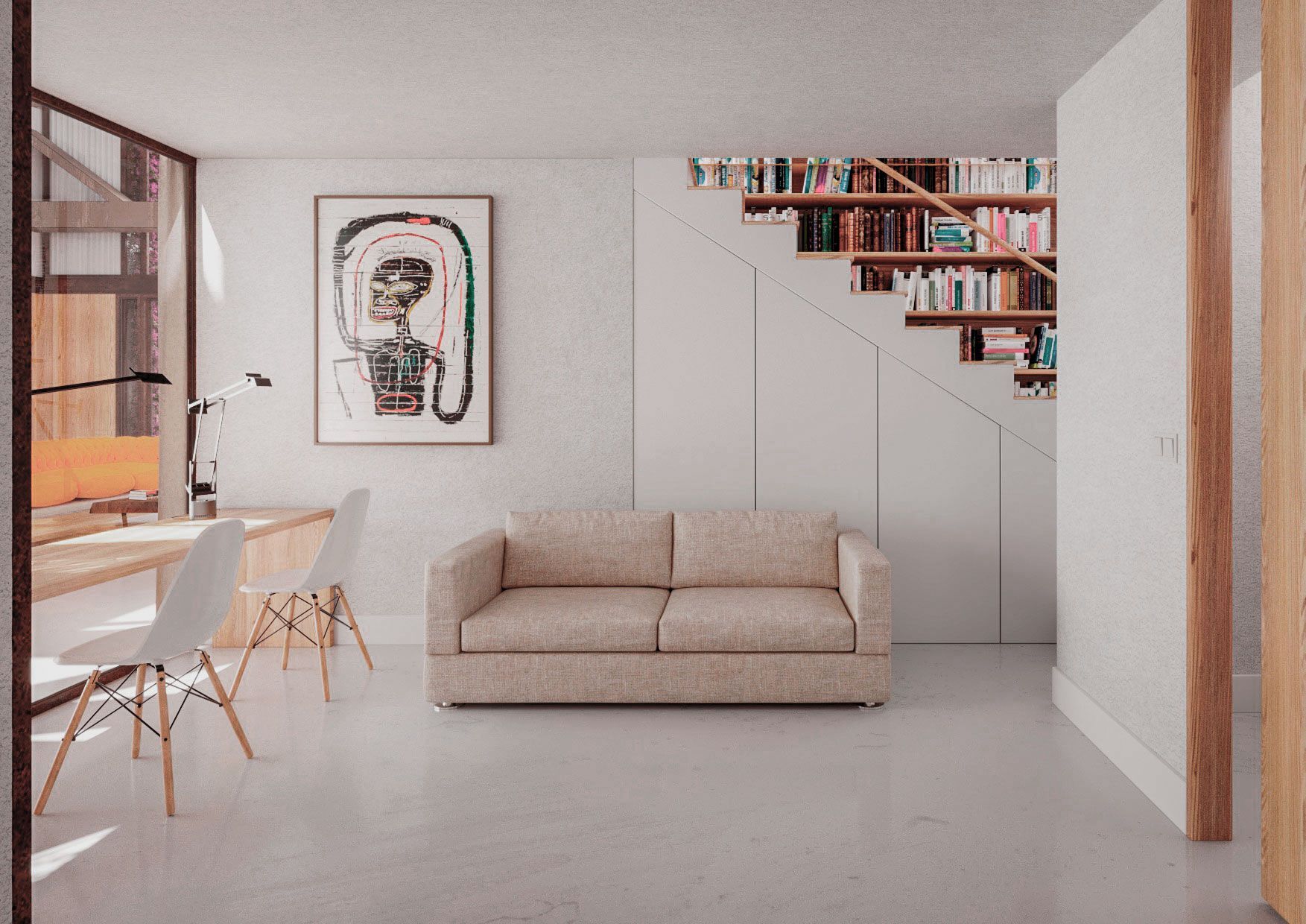 Una sala de estar con sofá, escritorio, sillas y escaleras.