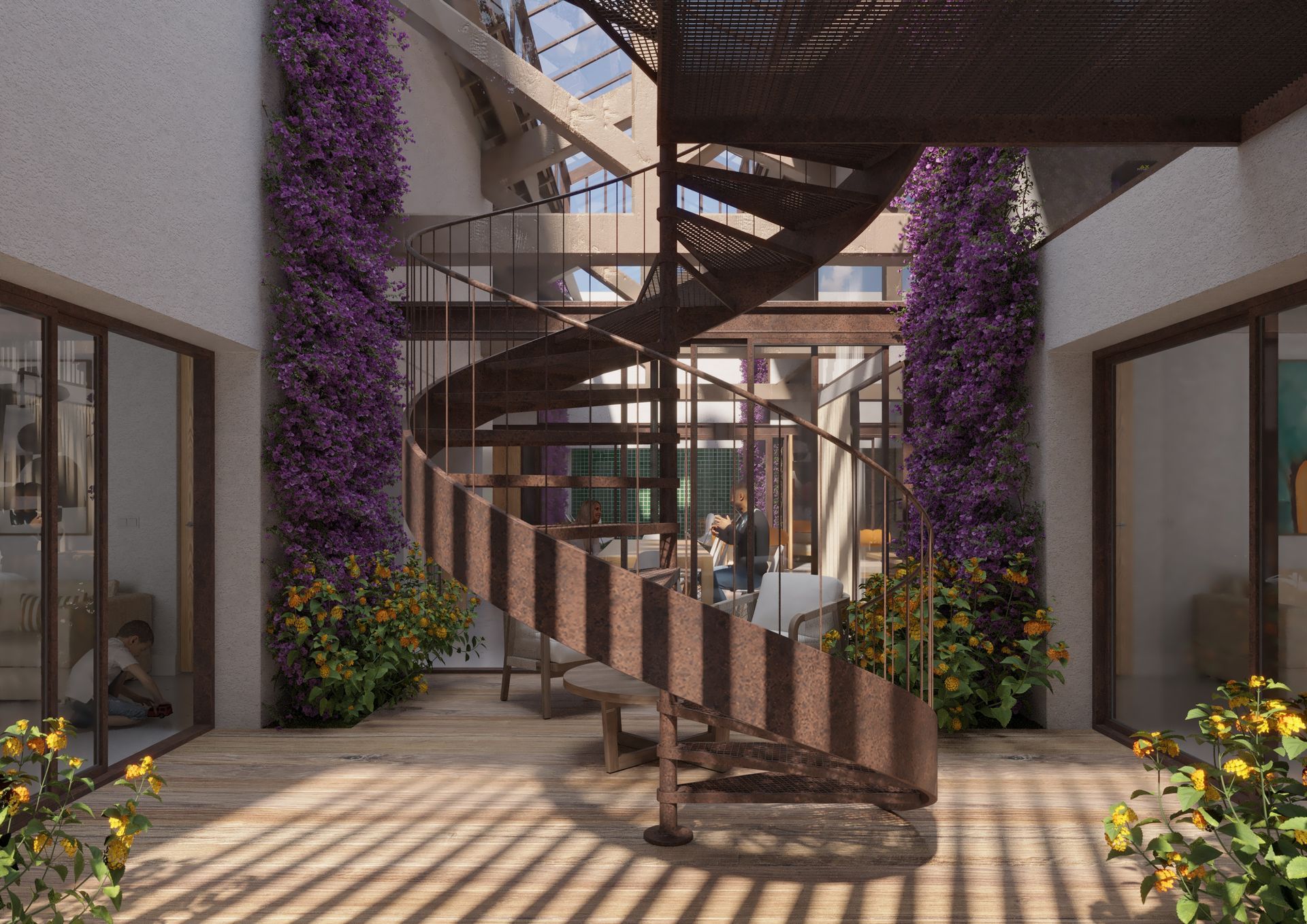 Impresión artística de una escalera de caracol en un patio rodeado de flores violetas.